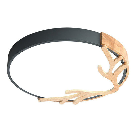 Sleek Metal Circle Led Flush Mount Ceiling Light - Ultra - Thin Design With Wooden Antler Accent