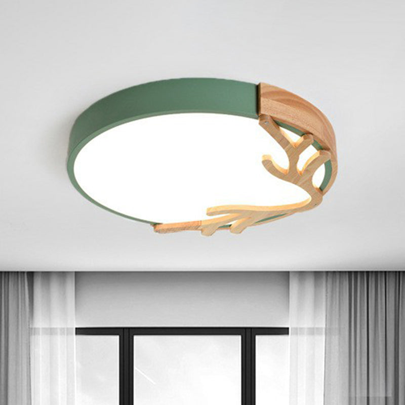 Sleek Metal Circle Led Flush Mount Ceiling Light - Ultra - Thin Design With Wooden Antler Accent