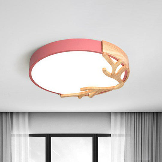 Sleek Metal Circle Led Flush Mount Ceiling Light - Ultra - Thin Design With Wooden Antler Accent