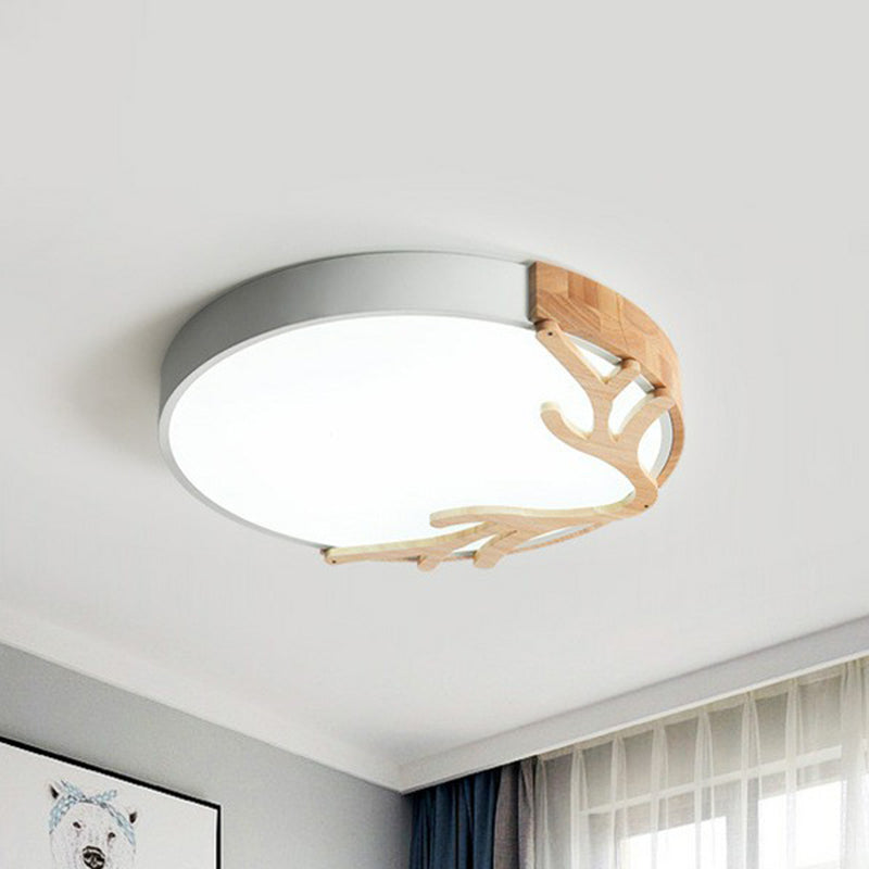Sleek Metal Circle Led Flush Mount Ceiling Light - Ultra - Thin Design With Wooden Antler Accent