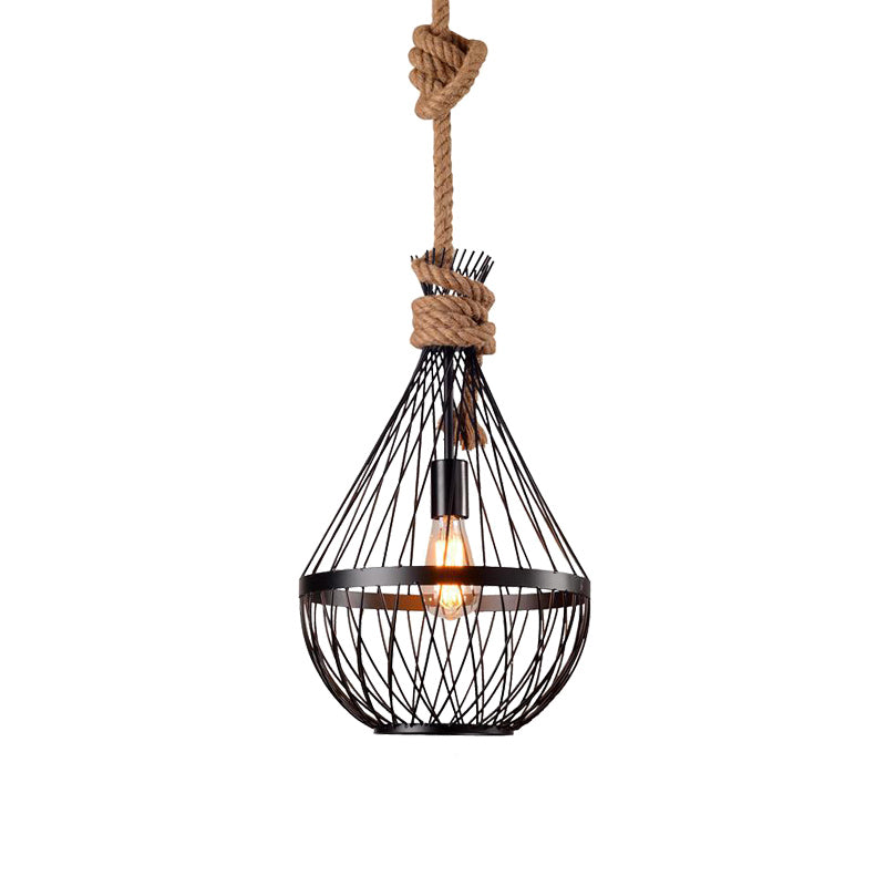 Retro Iron Pear - Shaped Suspension Lighting With Hemp Rope In Black Pendant