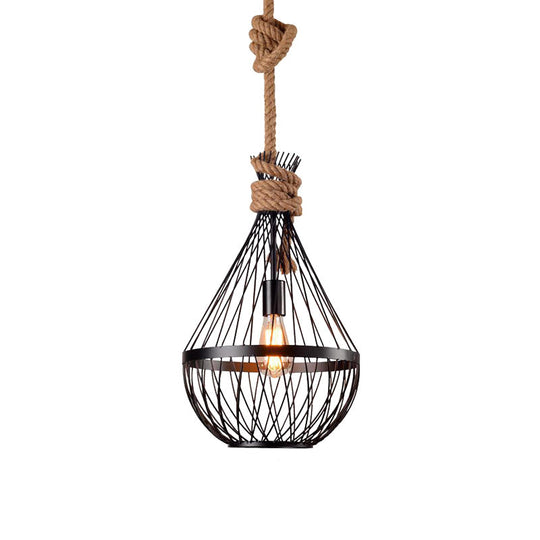Retro Iron Pear - Shaped Suspension Lighting With Hemp Rope In Black Pendant