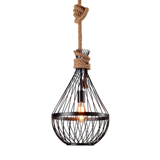 Retro Iron Pear - Shaped Suspension Lighting With Hemp Rope In Black Pendant