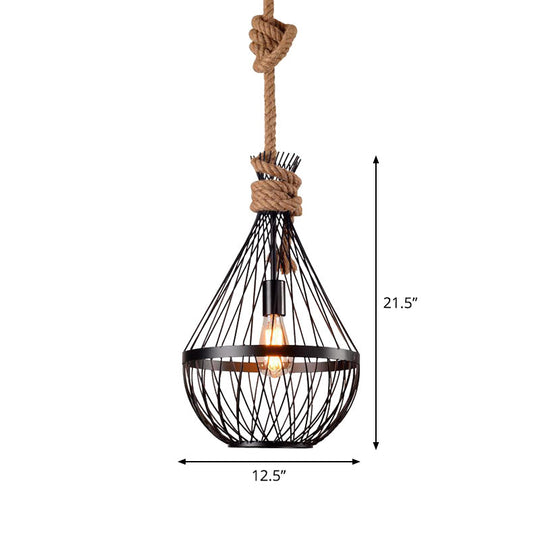 Retro Iron Pear - Shaped Suspension Lighting With Hemp Rope In Black Pendant