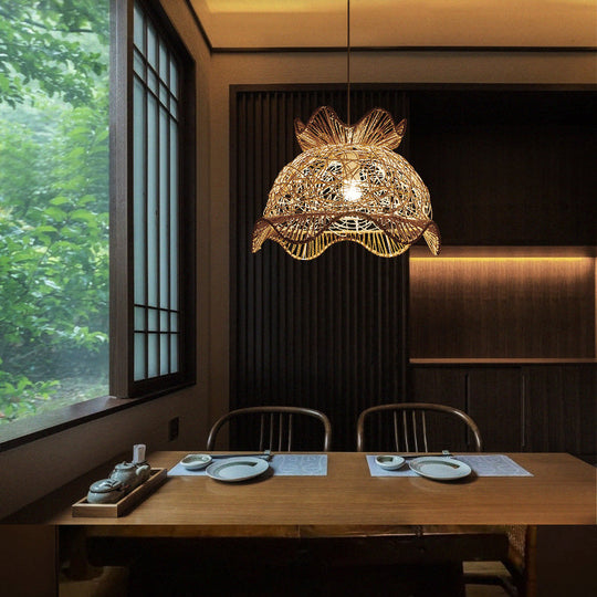 Margot - Asian Wood Scalloped Ceiling Light Style 1Â Head Rattan Hanging Lamp For Restaurant
