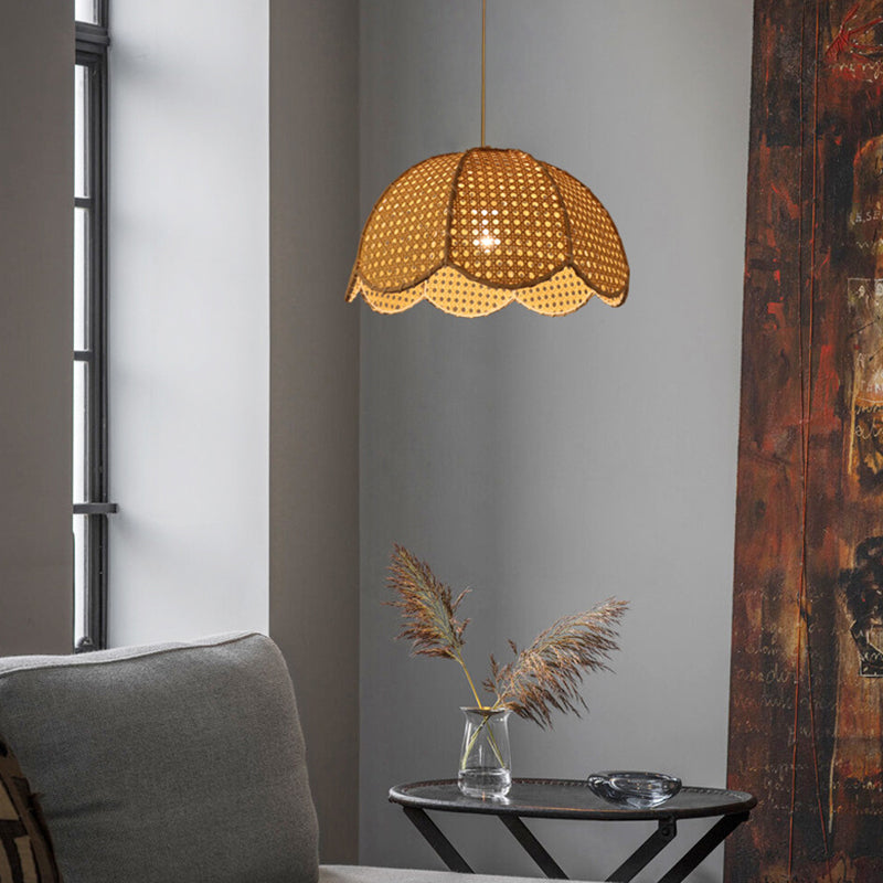 Naos - Rattan Scalloped Dome Suspension Light Simplicity 1 - Light Wood Pendant Fixture