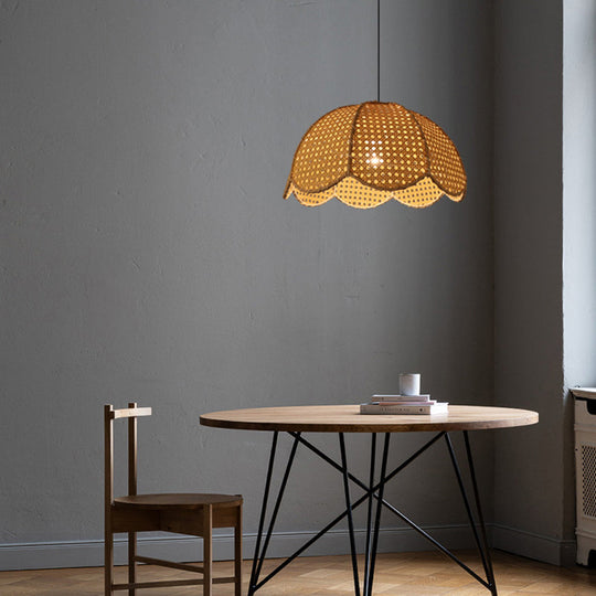 Naos - Rattan Scalloped Dome Suspension Light Simplicity 1 - Light Wood Pendant Fixture