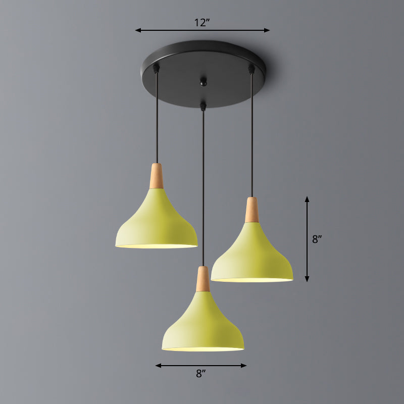 Salm - Swell Shape Pendant Light Macaron Metal 3 - Head Multi Hanging Fixture With Wood Tip