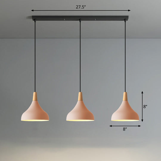 Salm - Swell Shape Pendant Light Macaron Metal 3 - Head Multi Hanging Fixture With Wood Tip