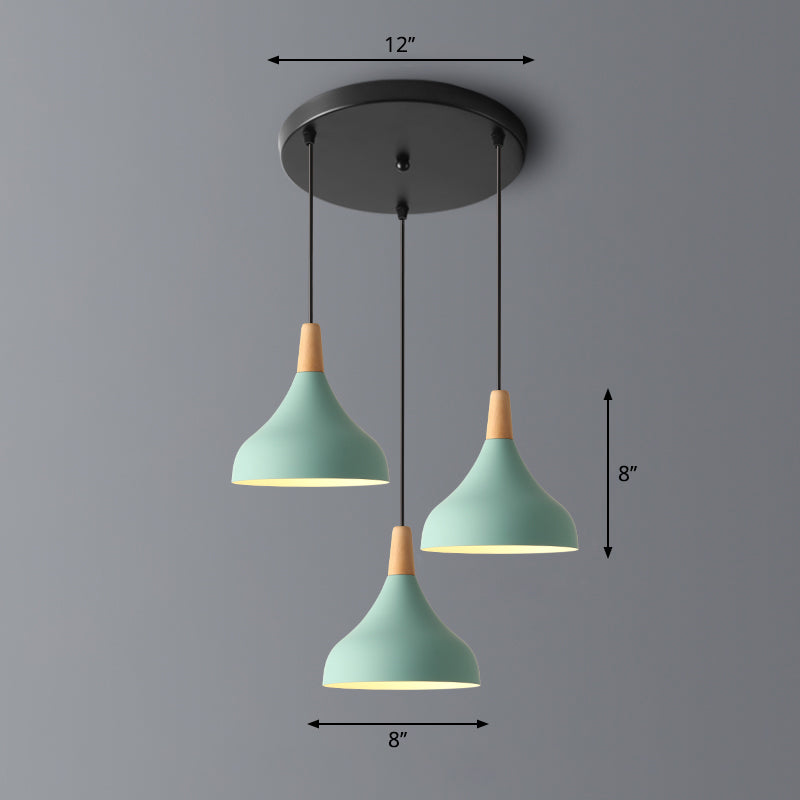 Salm - Swell Shape Pendant Light Macaron Metal 3 - Head Multi Hanging Fixture With Wood Tip