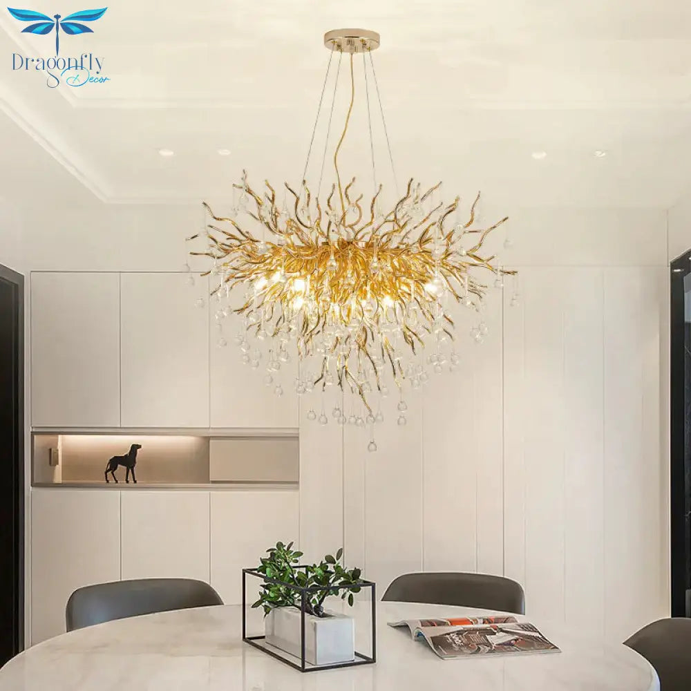 23.5’/31.5’ W Clear Crystal Raindrop Hanging Chandelier Rustic 8/10 Lights Gold Ceiling Lamp