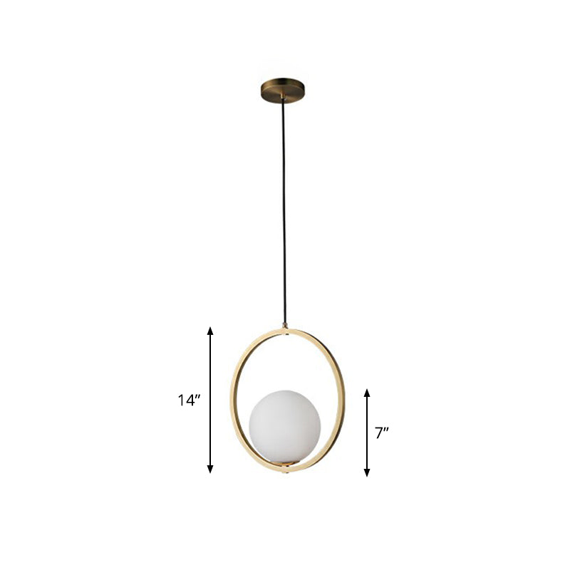 Opaque Glass Ball Ceiling Suspension Brass Drop Pendant With Metal Ring / 14’ Lighting