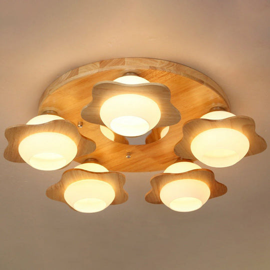 Modern Wood Flushmount With Flower Ivory Glass Shade - 5 Lights Bedroom Flush Ceiling Light