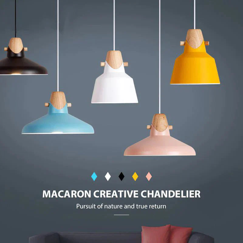 Nordic Pendant Lights Macaron Color Creative Single Head Solid Wood Lamps Aluminum Alloy Lampshade