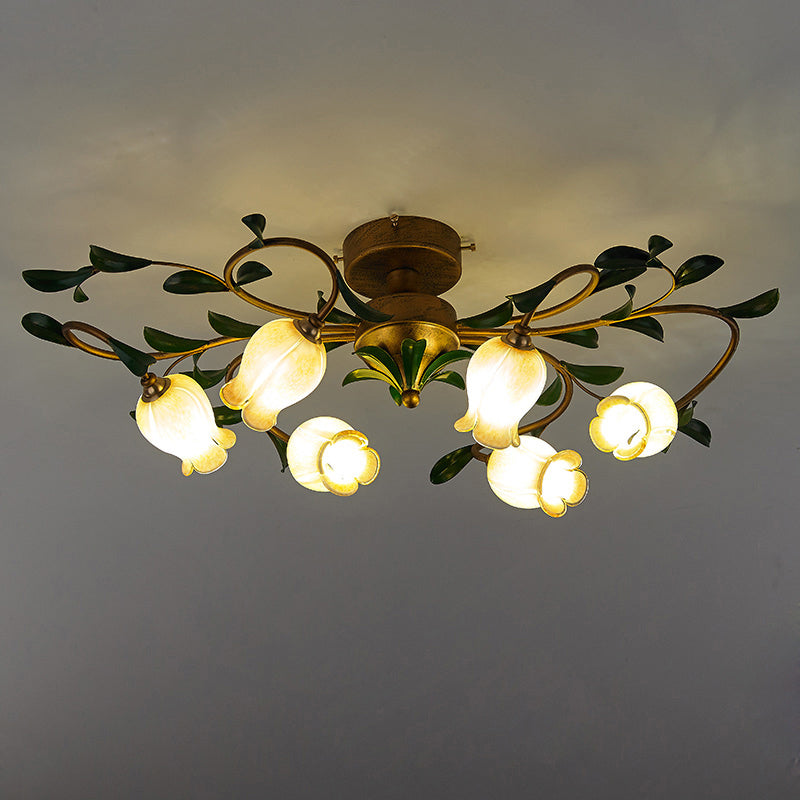 Pastoral Dining Room Glow: 6 - Head Glass Pomegranate Flower Semi - Flush Mount Ceiling Light