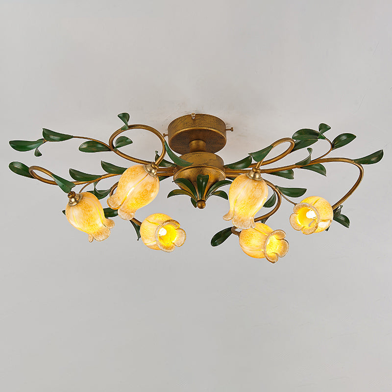 Pastoral Dining Room Glow: 6 - Head Glass Pomegranate Flower Semi - Flush Mount Ceiling Light Yellow