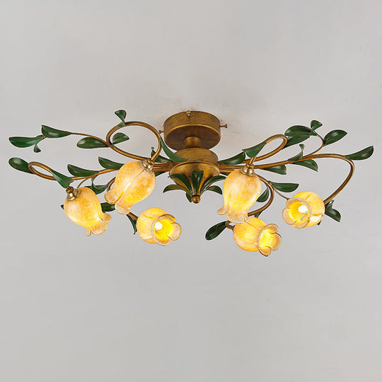 Pastoral Dining Room Glow: 6 - Head Glass Pomegranate Flower Semi - Flush Mount Ceiling Light Yellow