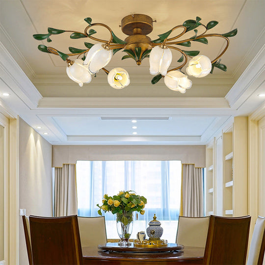 Pastoral Dining Room Glow: 6 - Head Glass Pomegranate Flower Semi - Flush Mount Ceiling Light