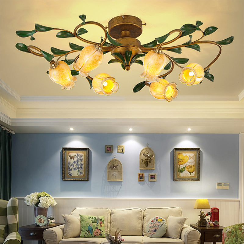 Pastoral Dining Room Glow: 6 - Head Glass Pomegranate Flower Semi - Flush Mount Ceiling Light