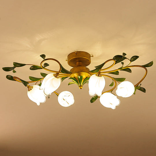Pastoral Dining Room Glow: 6 - Head Glass Pomegranate Flower Semi - Flush Mount Ceiling Light