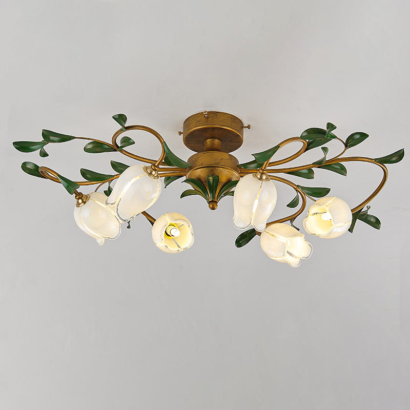 Pastoral Dining Room Glow: 6 - Head Glass Pomegranate Flower Semi - Flush Mount Ceiling Light White