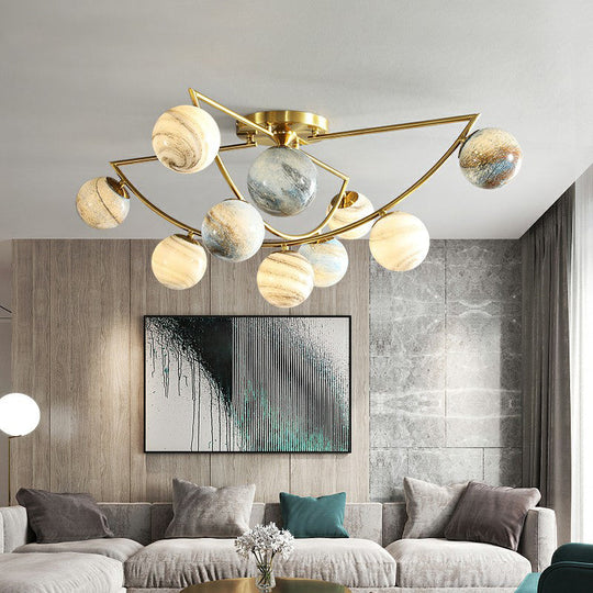 Cosmic Bedroom Glow: Gold Nordic Ombre Glass Semi - Flush Mount Chandelier With A Planet Design