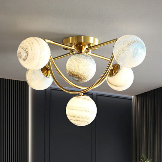 Cosmic Bedroom Glow: Gold Nordic Ombre Glass Semi - Flush Mount Chandelier With A Planet Design