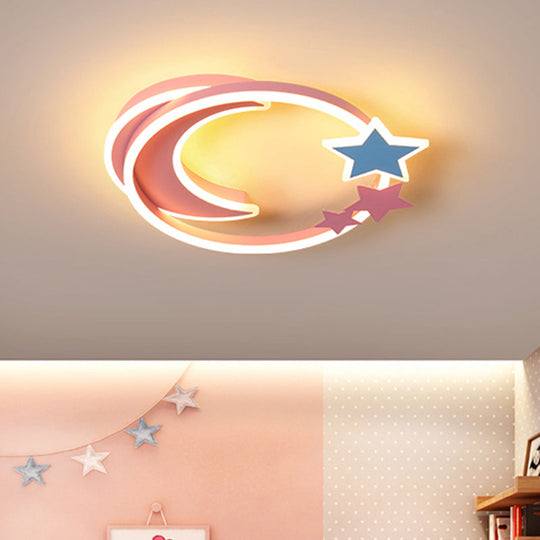 Cartoon Crescent And Star Flushmount Led Ceiling Light For Kids Bedroom Pink / 23.5’ Warm