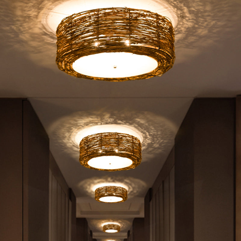 Modern 3 - Light Rattan Flush Mount Ceiling Lamp - Hand - Woven Round Shade In Brown 16’/19.5’