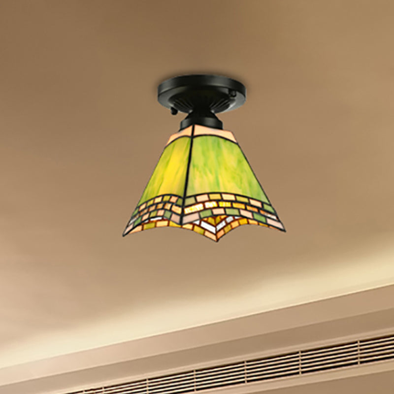 Tiffany - Style Art Glass Ceiling Light - 1 Green Flush Mount Fixture For Offices And Corridors