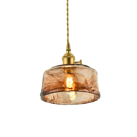 Aubrey - Vintage Handmade Brass Shaded Drop Pendant Tan Glass 1 - Bulb Pendulum