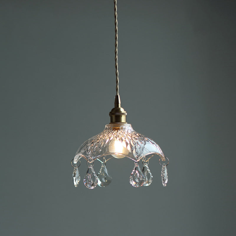 Vintage Flower Shaped Clear Glass Pendant Light With Teardrop Crystals Lighting