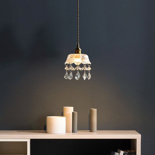 Vintage Flower Shaped Clear Glass Pendant Light With Teardrop Crystals Lighting