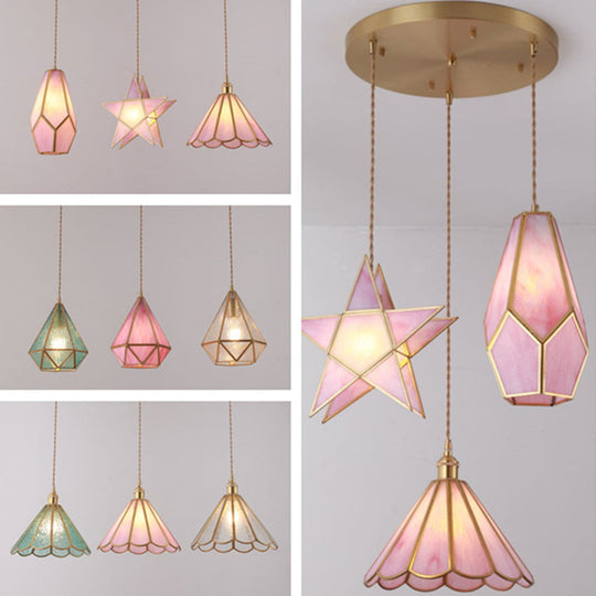 Corinne - Tiffany Suspended Lighting Fixture Style Shaded Glass Hanging Pendant With Brass Canopy