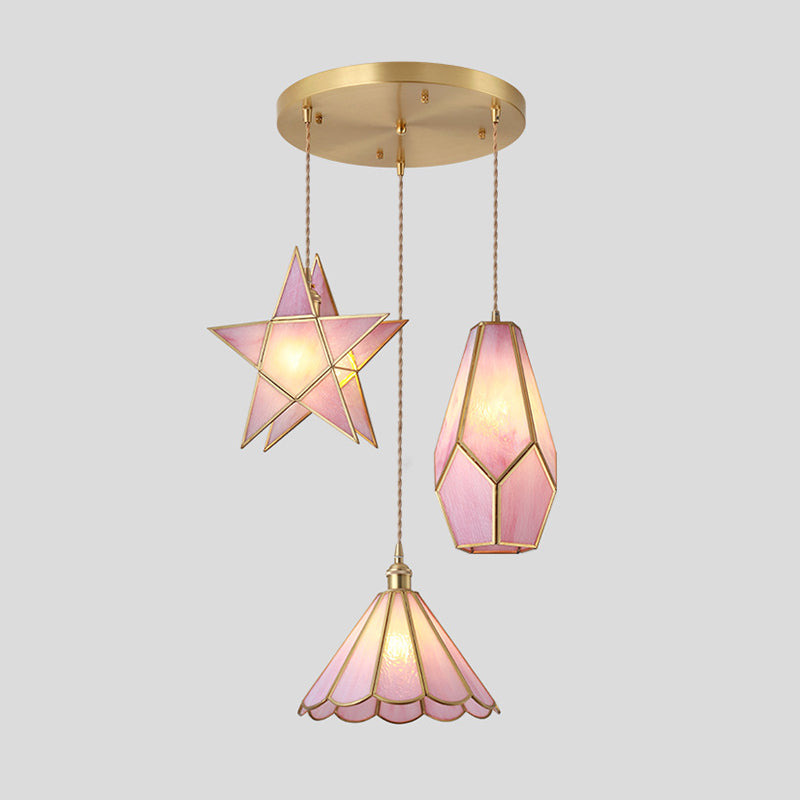 Corinne - Tiffany Suspended Lighting Fixture Style Shaded Glass Hanging Pendant With Brass Canopy