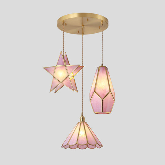 Corinne - Tiffany Suspended Lighting Fixture Style Shaded Glass Hanging Pendant With Brass Canopy