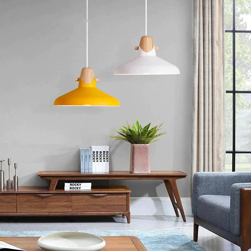 Nordic Pendant Lights Macaron Color Creative Single Head Solid Wood Lamps Aluminum Alloy Lampshade