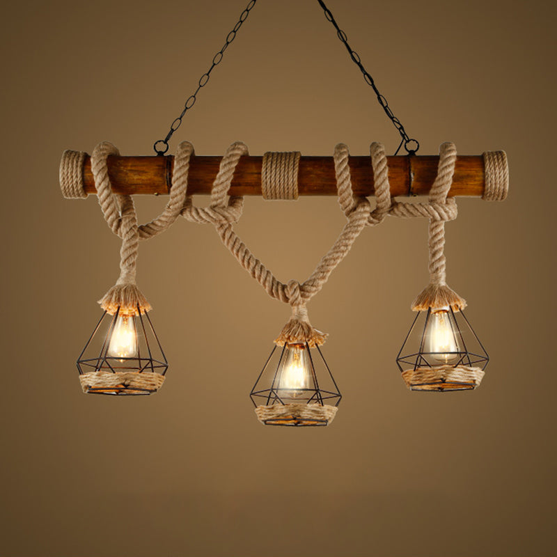 Sophie’s Rustic 3 - Light Island Pendant With Beige Hemp Rope Shade For Restaurant Suspension