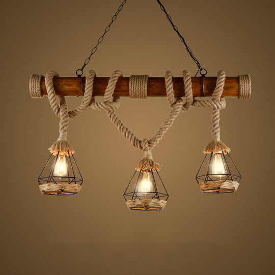 Sophie’s Rustic 3 - Light Island Pendant With Beige Hemp Rope Shade For Restaurant Suspension