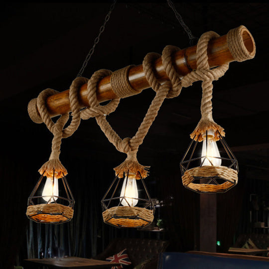 Sophie’s Rustic 3 - Light Island Pendant With Beige Hemp Rope Shade For Restaurant Suspension