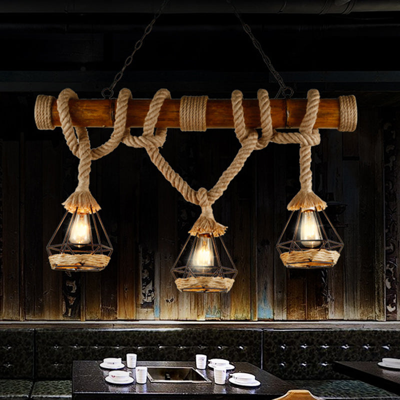 Sophie’s Rustic 3 - Light Island Pendant With Beige Hemp Rope Shade For Restaurant Suspension