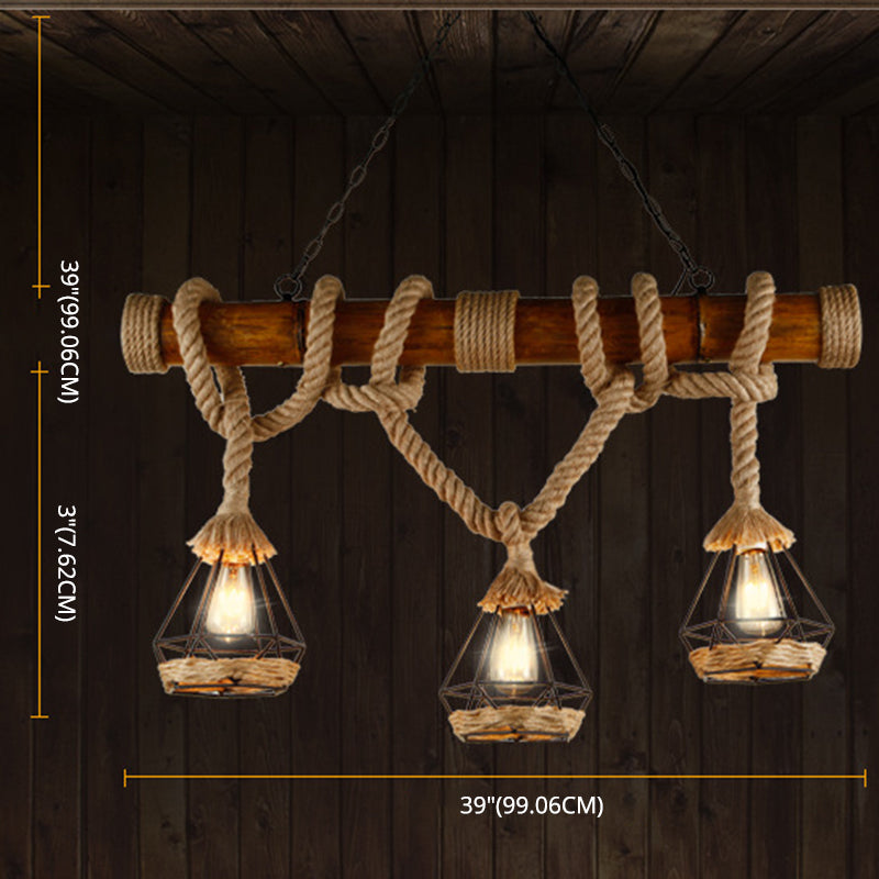 Sophie’s Rustic 3 - Light Island Pendant With Beige Hemp Rope Shade For Restaurant Suspension