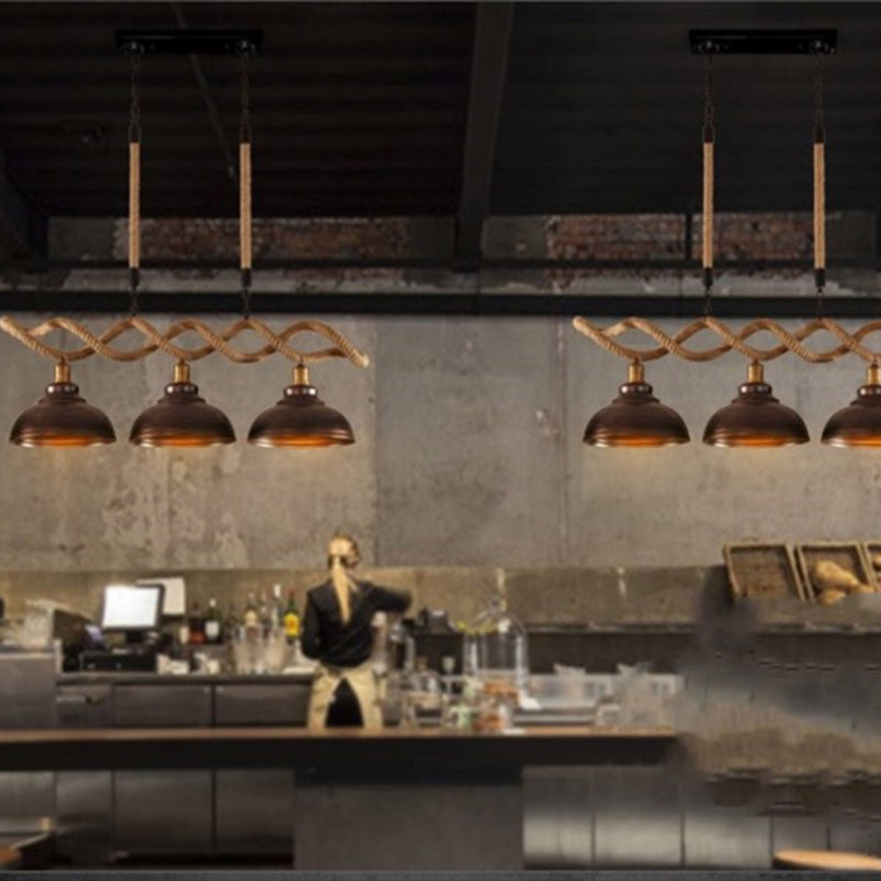 Sophie’s Rustic 3 - Light Island Pendant With Beige Hemp Rope Shade For Restaurant Suspension