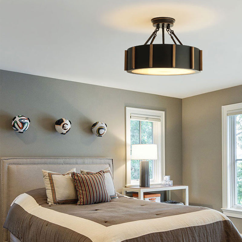 Rustic Led Semi Flush Drum Light - Warm Black Metallic Close - To - Ceiling Fixture 18’ Width
