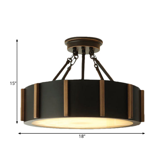 Rustic Led Semi Flush Drum Light - Warm Black Metallic Close - To - Ceiling Fixture 18’ Width