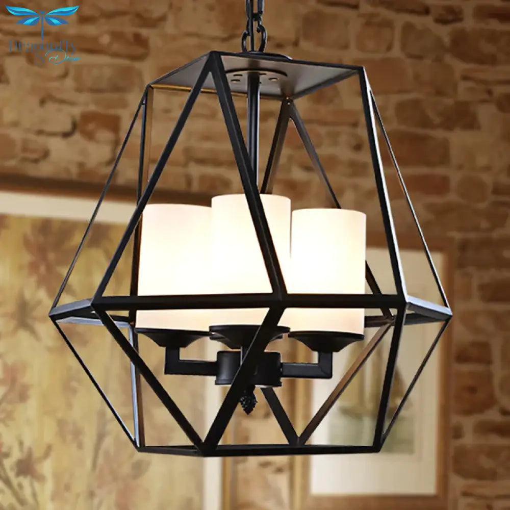 3/4 Lights Ceiling Light Traditional Geometric Frosted Glass Hanging Chandelier In Black With