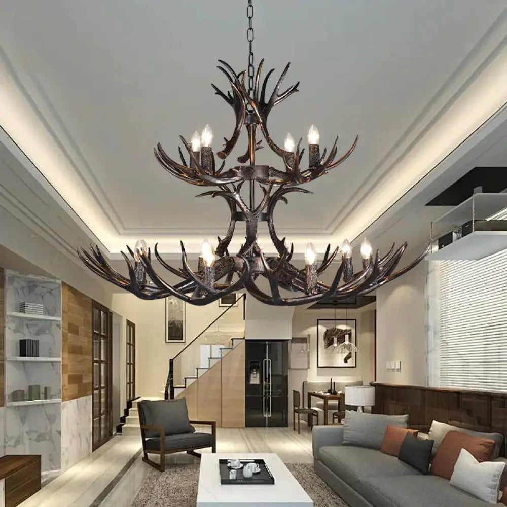 3/5/6 Heads Resin Chandelier Vintage Style Black Candelabra Living Room Pendant Light With