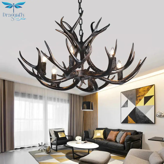 3/5/6 Heads Resin Chandelier Vintage Style Black Candelabra Living Room Pendant Light With