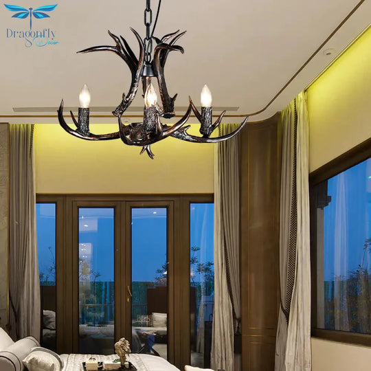3/5/6 Heads Resin Chandelier Vintage Style Black Candelabra Living Room Pendant Light With