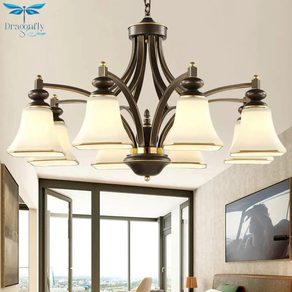 3/5/6 Lights Bell Shade Chandelier Classic Antique Brass Frosted Glass Pendant Light Fixture